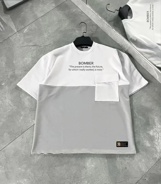 Unisex Torba Cep Detaylı  Parçalı T-Shirt - Gri ürün görseli