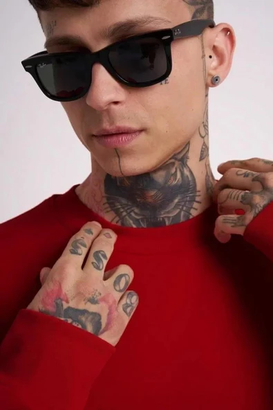 Unisex Biskilet Yaka Üç İplik SweatShirt - Kırmızı - Resim 3