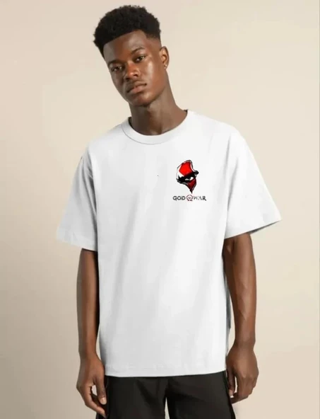 Unisex Bisiklet Yaka Baskılı Oversize T-Shirt - Beyaz - 1