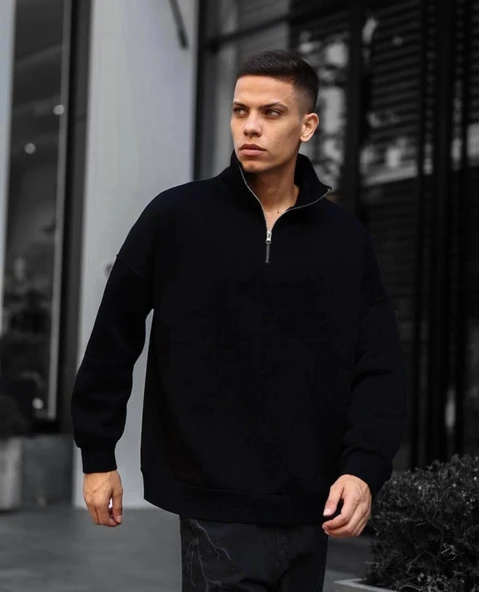 Erkek Yarım Fermuarlı Üç İplik Sweatshirt - Siyah - 1