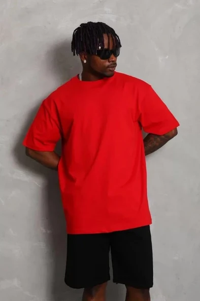 Unisex Oversize Düz Bisiklet Yaka T-Shirt - Kırmızı - Resim 3