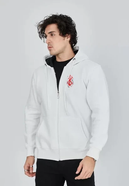 Unisex Baskılı Tam Fermuarlı Kapşonlu SweatShirt - Beyaz - Resim 2