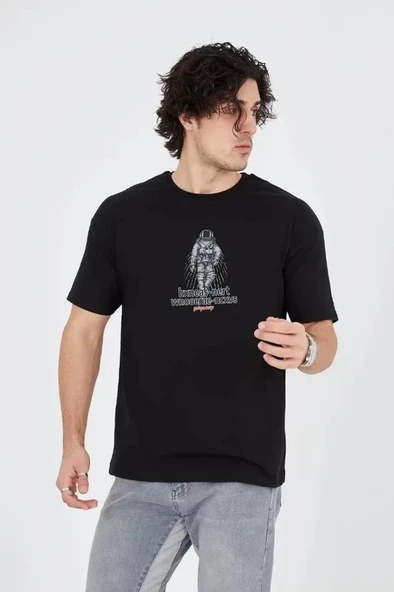 Erkek Penye Baskılı T-Shirt - Siyah - Resim 3