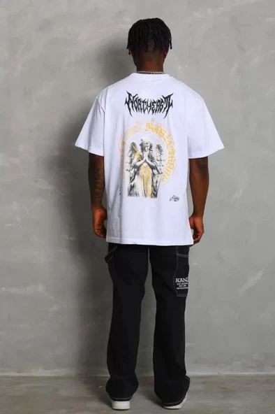 Unisex Oversize Baskılı Bisiklet Yaka T-Shirt - Beyaz - Resim 4