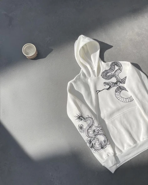 Uzun Kol Kapşonlu Baskılı SweatShirt - Beyaz - Resim 2