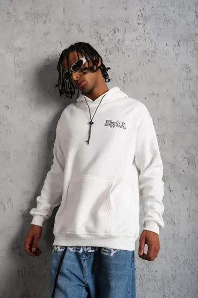 Erkek Kol Ve Etek Ribana Baskılı Kapüşonlu Sweat - Beyaz - Resim 2