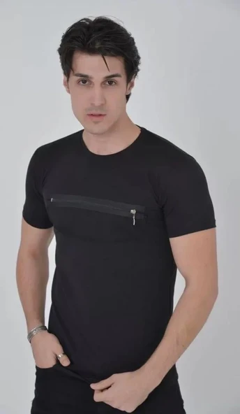Erkek Göğüste Fermuar Aksesuarlı Dar Kalıp T-Shirt - Siyah - 1