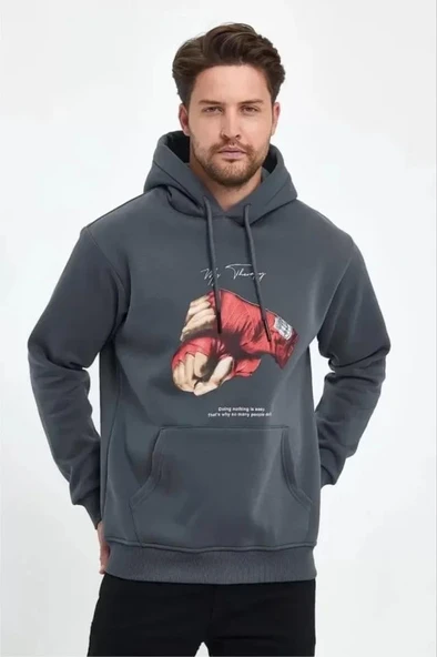 Unisex Kapüşonlu Üç İplik Oversize Baskılı Sweatshirt - Gri ürün görseli