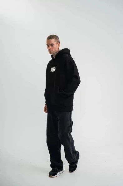 Unisex Kapşonlu Uzun Kol Patchli Nakışlı SweatShirt  - Siyah - Resim 2