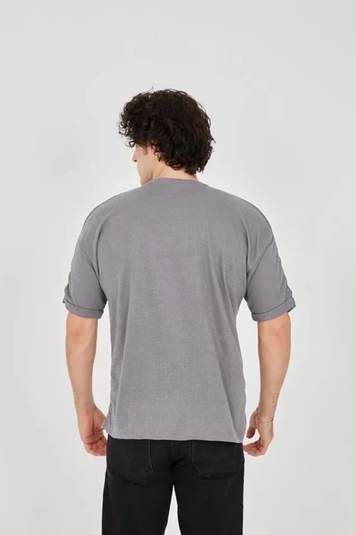 Unisex Jakar Kumaş Rahat Kol T-Shirt - Gri - Resim 3