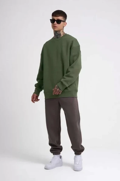 Unisex Biskilet Yaka Üç İplik SweatShirt - Haki - Resim 3