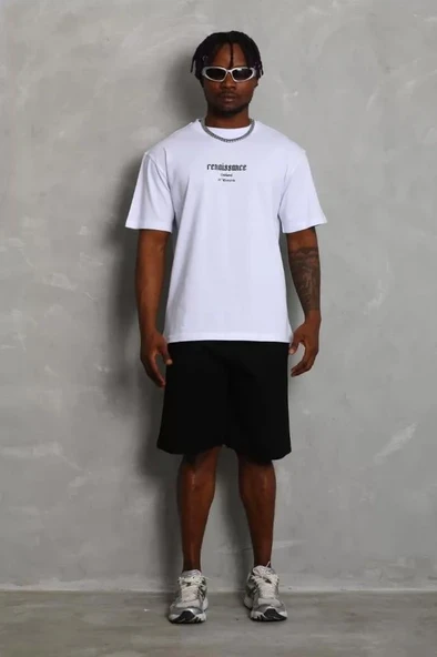 Unisex Oversize Baskılı Bisiklet Yaka T-Shirt - Beyaz - Resim 2