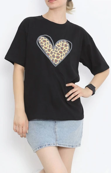 Sevgililer Günü İçin Özel Tasarım Leopar Kalp Baskılı T-shirt - Siyah - Resim 3