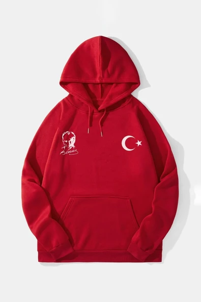 10 Kasıma Özel Üç İplik Kapşonlu Baskılı SweatShirt - Kırmızı ürün görseli