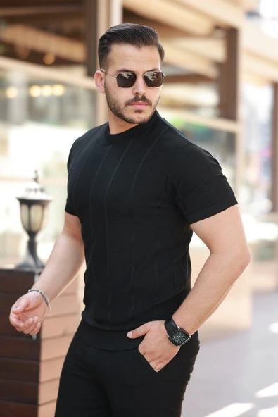 Erkek Desenli çizgi Kabartmalı Kısa Kollu Tişört - Resim 2