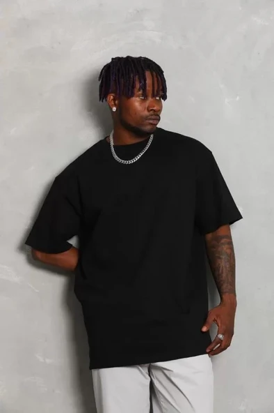 Unisex Oversize Düz Bisiklet Yaka T-Shirt - Siyah - Resim 3