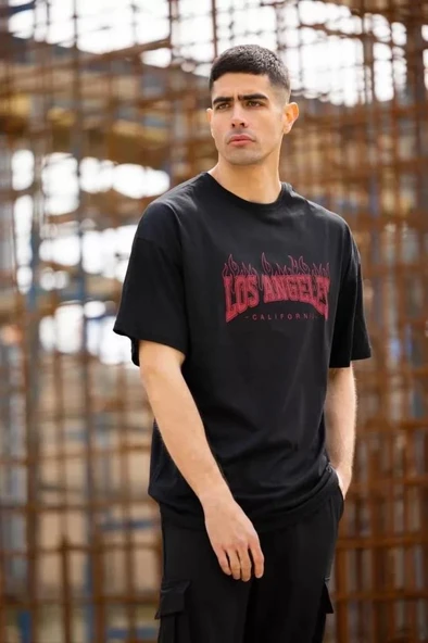 Unisex Bisiklet Yaka Baskılı Oversize T-Shirt - Siyah - 4