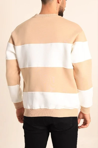 Parçalı Bisiklet Yaka Baskılı SweatShirt - Bej - Resim 2