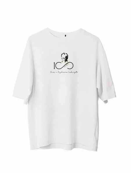 Unisex Bisiklet Yaka Baskılı Oversize T-Shirt - Beyaz ürün görseli