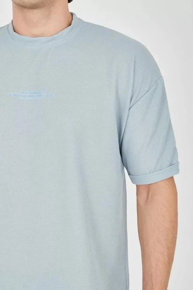 Unisex Waffle Kumaş Rahat Kol T-Shirt - Buz Mavisi - Resim 2