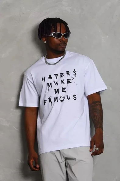 Unisex Oversize Baskılı Bisiklet Yaka T-Shirt - Beyaz - Resim 2