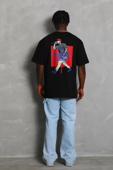 Unisex Oversize Baskılı Bisiklet Yaka T-Shirt - Siyah ürün görseli