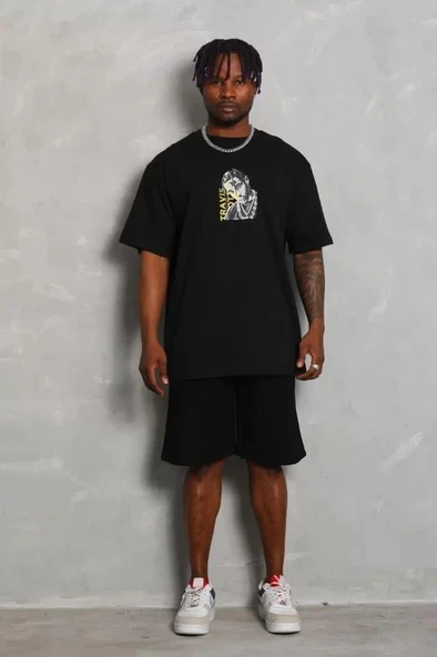 Unisex Oversize Baskılı Bisiklet Yaka T-Shirt - Siyah - Resim 3