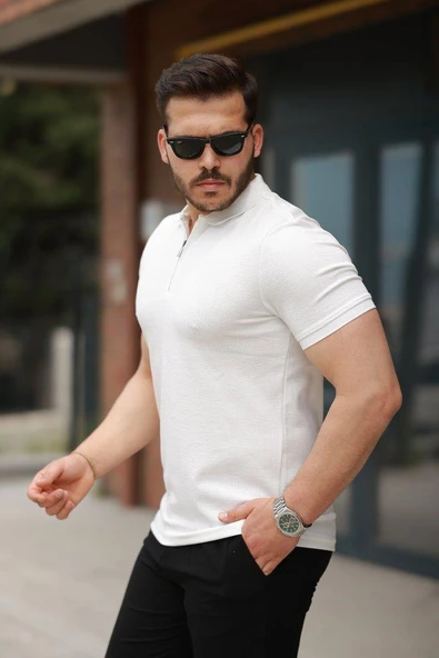 Erkek Fermuarlı Yaka Kısa Kollu Tişört - Resim 2