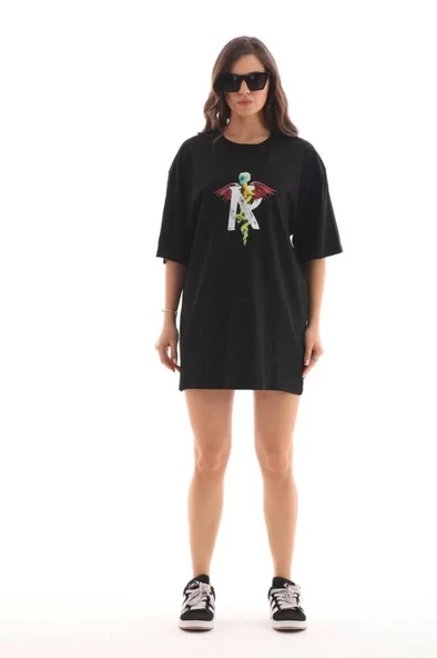 Unisex Bisiklet Yaka Baskılı Oversize T-Shirt - Siyah ürün görseli