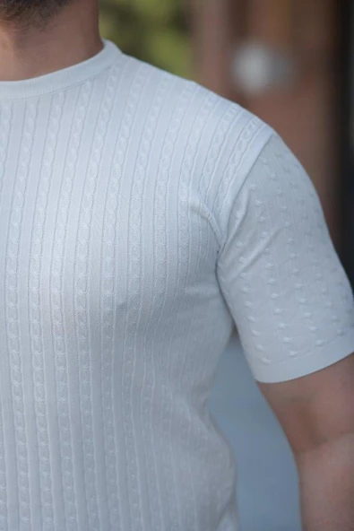 Erkek Bisiklet Yaka örgü Desenli Kısa örme Triko Kısa Kollu T-shirt - Resim 3