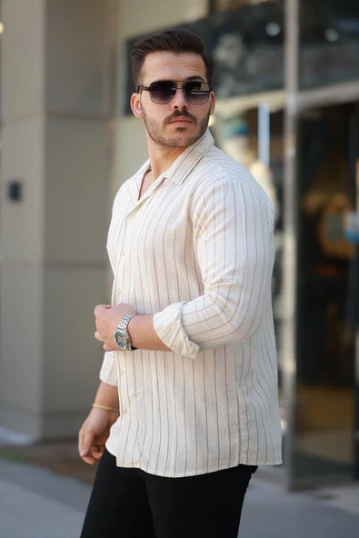 Erkek çizgili Keten Gömlek - Resim 2