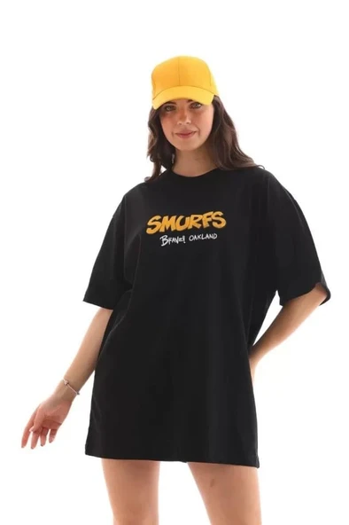 Unisex Bisiklet Yaka Baskılı Oversize T-Shirt - Siyah - Resim 4