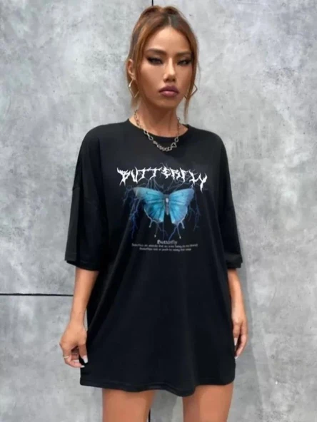Unisex Baskılı Oversize T-Shirt - Siyah - Resim 4