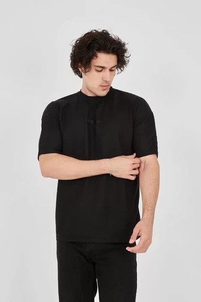 Unisex Waffle Kumaş Rahat Kol T-Shirt - Siyah - Resim 3