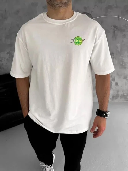 Unisex Bisiklet Yaka Baskılı Oversize T-Shirt - Beyaz ürün görseli