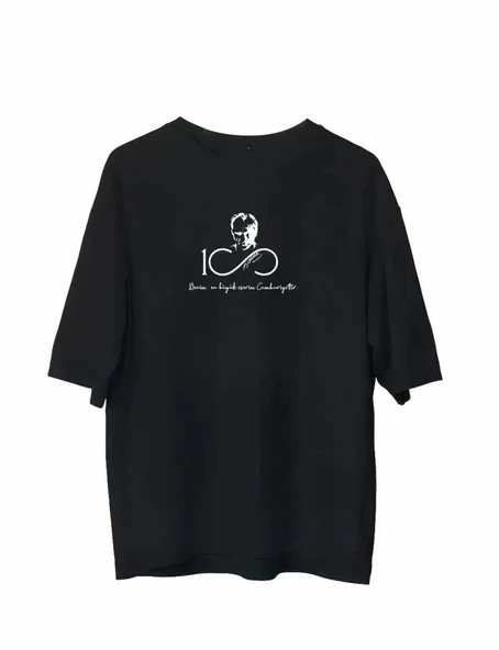 Unisex Bisiklet Yaka Baskılı Oversize T-Shirt - Siyah ürün görseli