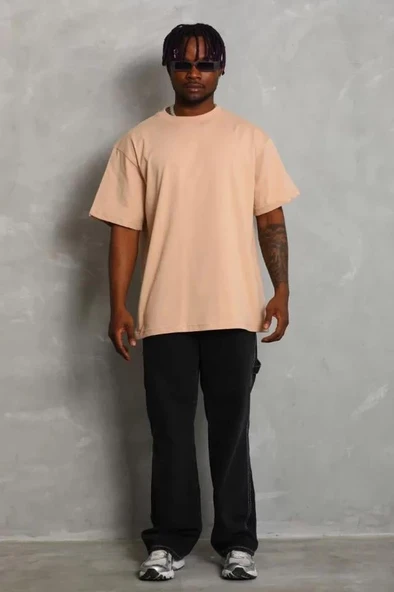 Unisex Oversize Düz Bisiklet Yaka T-Shirt - Bej ürün görseli