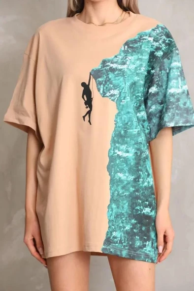 Unisex Bisiklet Yaka Baskılı Oversize T-Shirt - Bej - Resim 2