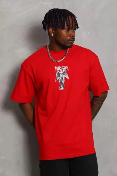 Unisex Oversize Baskılı Bisiklet Yaka T-Shirt - Kırmızı ürün görseli