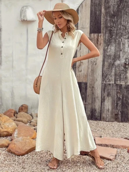 Kadın Kısa Kollu önden Düğmeli Paçaya Doğru Geniş Cepli Uzun Bürümcük Tulum - Resim 2