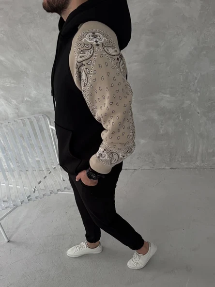 Üç İplik Penye Kapşonlu Parçalı SweatShirt - Siyah - Resim 2