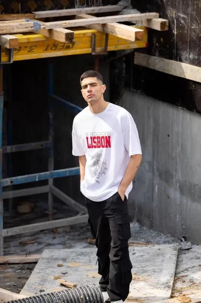 Unisex Bisiklet Yaka Baskılı Oversize T-Shirt - Beyaz - Resim 4