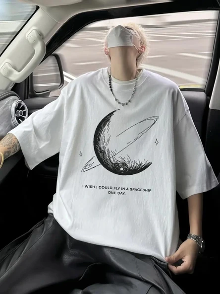 Baskılı Oversize Bisiklet Yaka T-shirt - Beyaz - 1