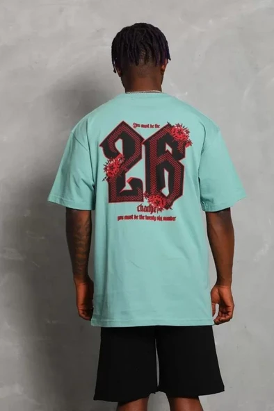 Unisex Oversize Baskılı Bisiklet Yaka T-Shirt - Mint Yeşili - Resim 3