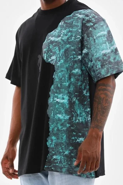 Unisex Bisiklet Yaka Baskılı Oversize T-Shirt - Siyah - Resim 2