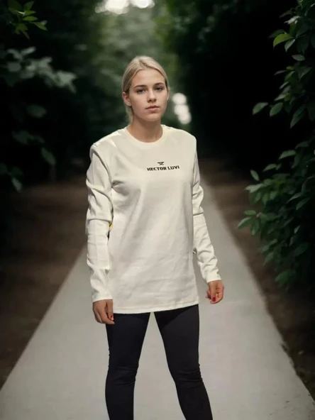 Unisex Bisiklet Yaka Uzun Kollu T-Shirt - Beyaz ürün görseli