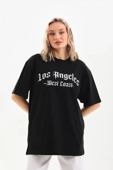 Unisex Baskılı Oversize T-Shirt - Siyah ürün görseli