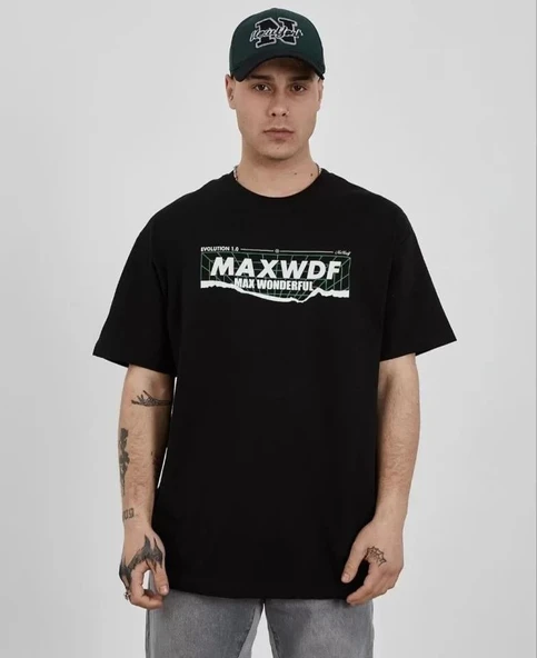 Unisex Bisiklet Yaka Baskılı Oversize T-Shirt - Siyah ürün görseli