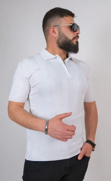 Triko Dokuma Yarım Fermuarlı Yakalı T-shirt - Beyaz ürün görseli