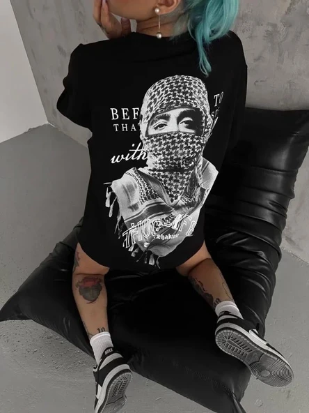 Unisex Baskılı Oversize T-Shirt - Siyah ürün görseli